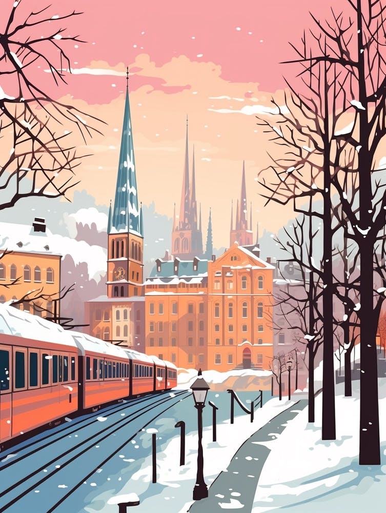 Vintage Winter Travel Illustration Zurich Switzerland 5