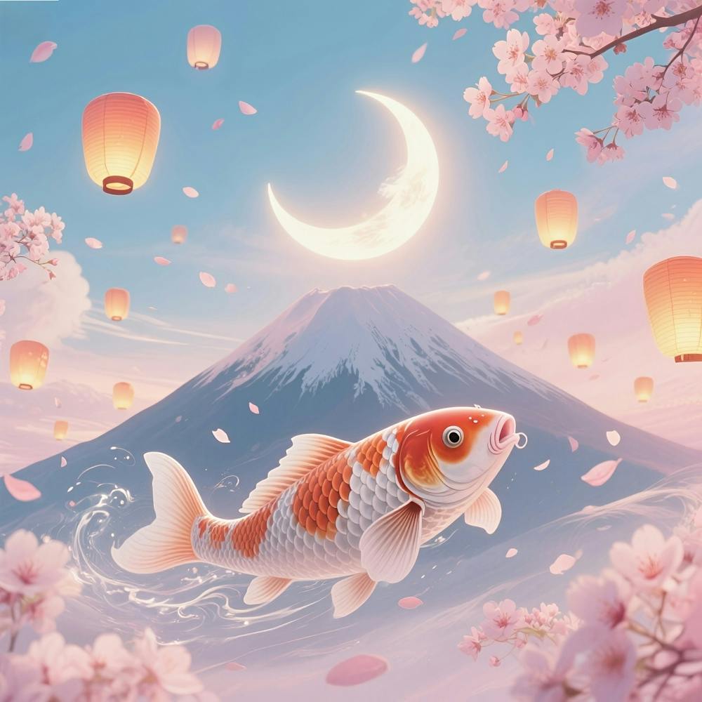Koi Fish In Cherry Blossoms
