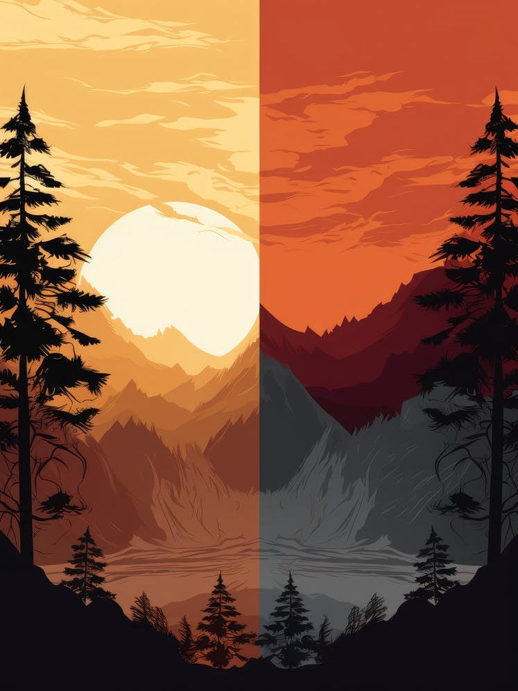 Sunset With Mountains And Trees