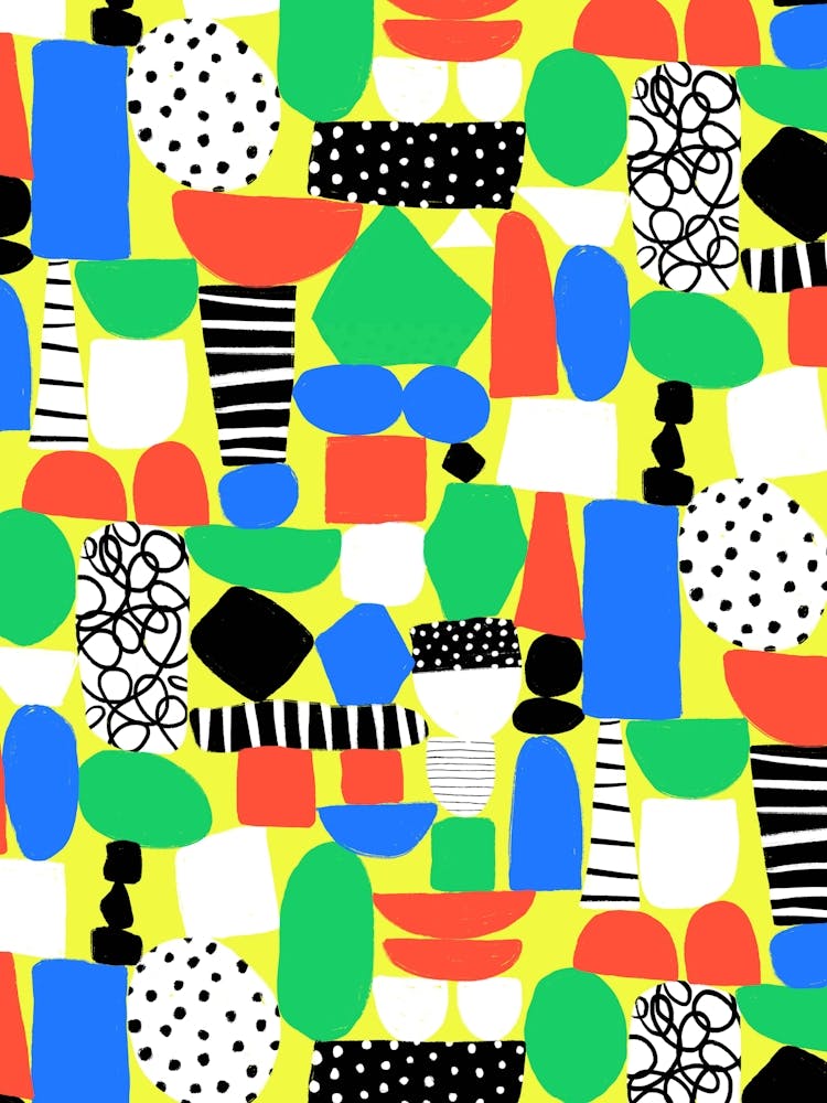 Red, Yellow, Blue, Green Paper Cut Out and Doodle Mod Art Collage