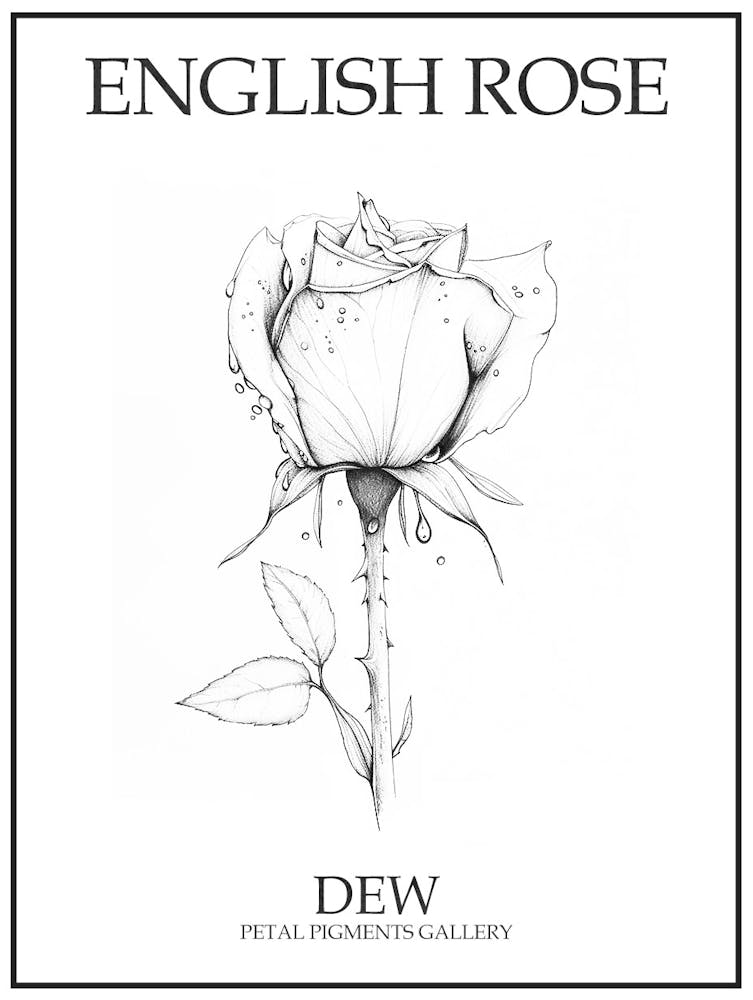English Rose Dew Line Drawing 2 Poster