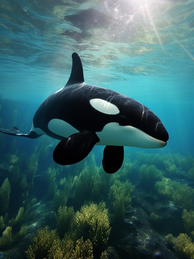 Realistic Underwater Orca Whale With Ocean Plants