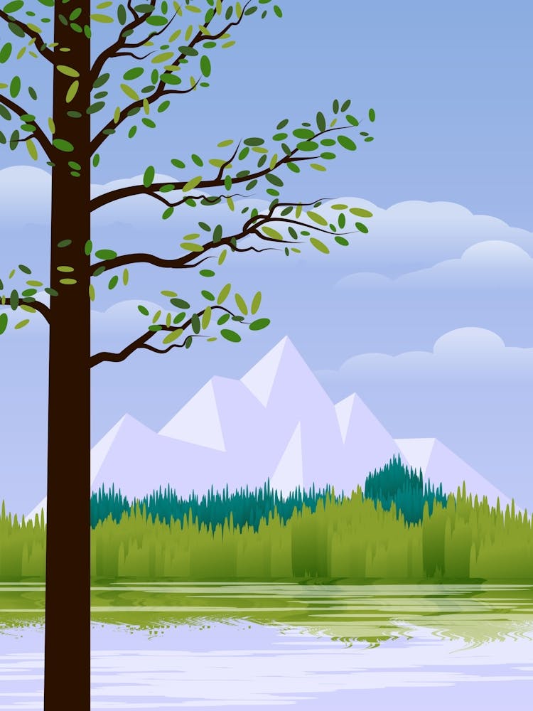 Lake Mountains Water Reflection Grass Tree Forest Sky Clouds Nature Environment Scenic Art