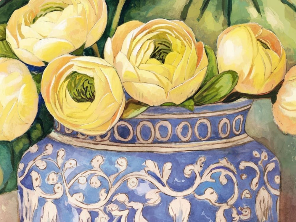Fleurs Jaunes Dans Un Vase Bleu