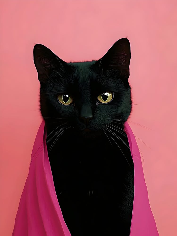 Black Cat With Pink Blanket