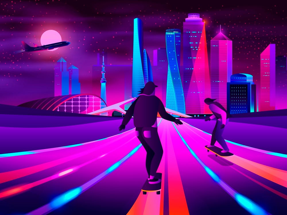 Skateboarders In The City - Synthwave Neon City