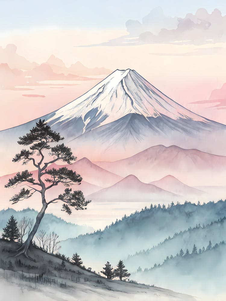 Minimalist Ink Sketch Of Misty Mount Fuji With S