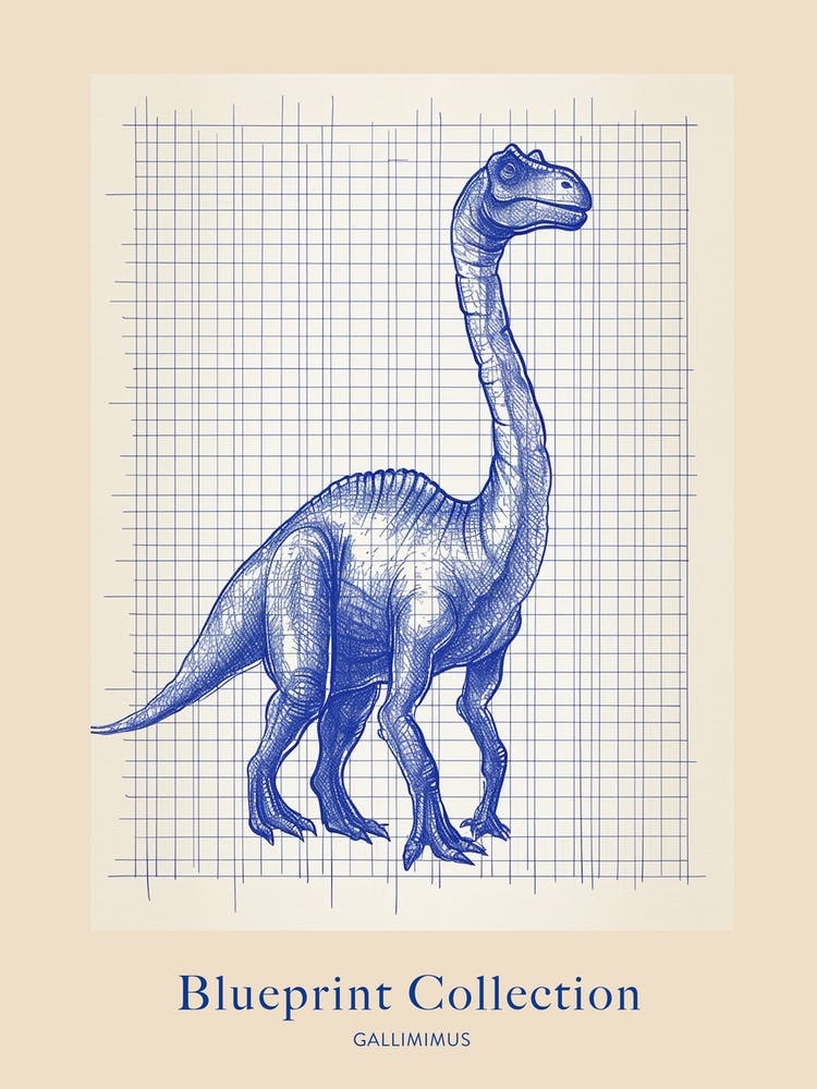 Gallimimus Dinosaur Blue Print Sketch 3 Poster