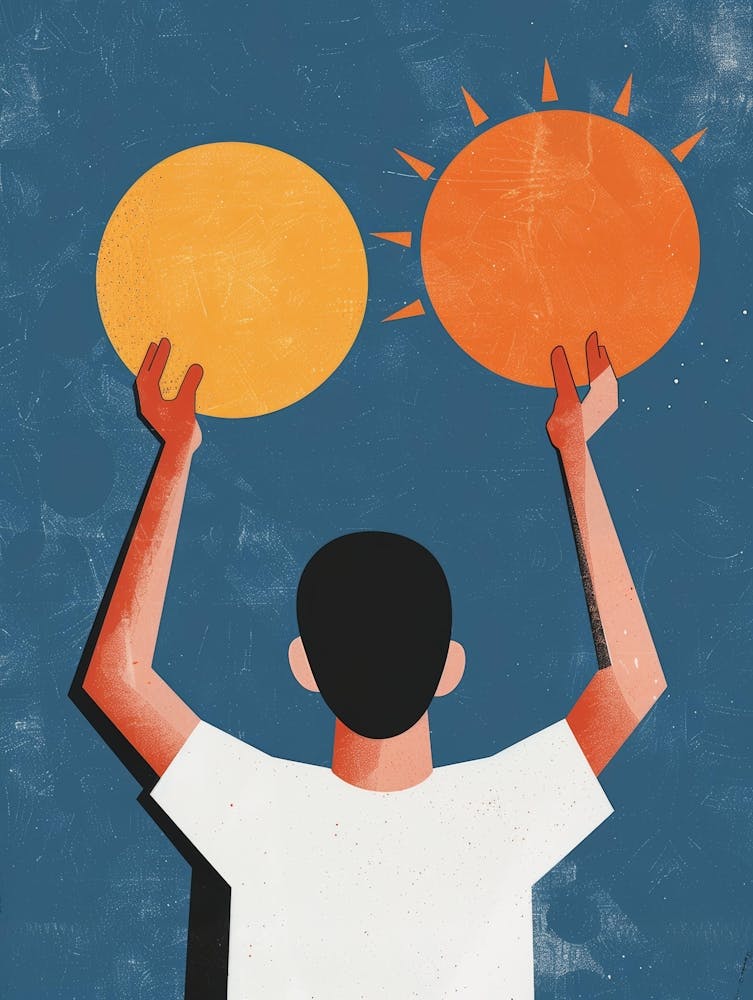 Illustration eines Mannes, der zwei Sonnen hochhält
