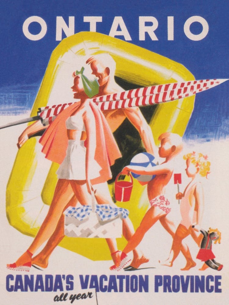 Ontario, la province de vacances du Canada, Affiche de voyage vintage Famille à la plage