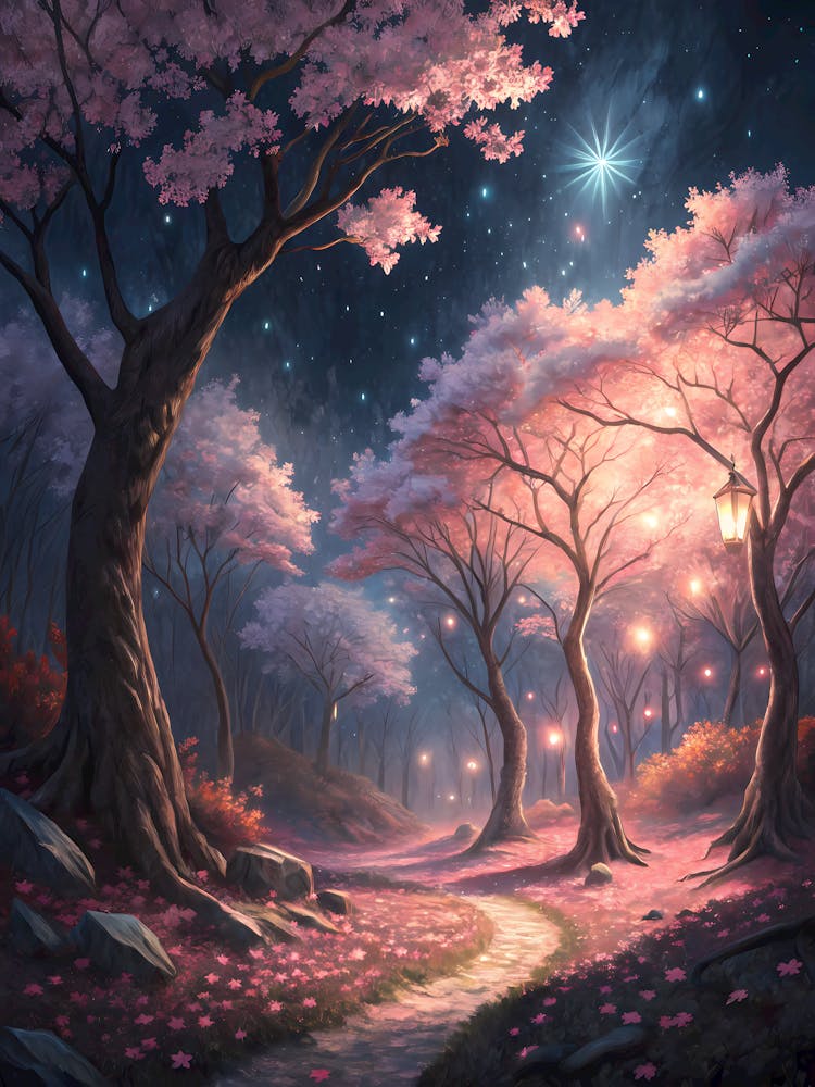 Oil Painting Style Magical Cherry Blossom Forest Cosmic Pathway & Glowing Trees