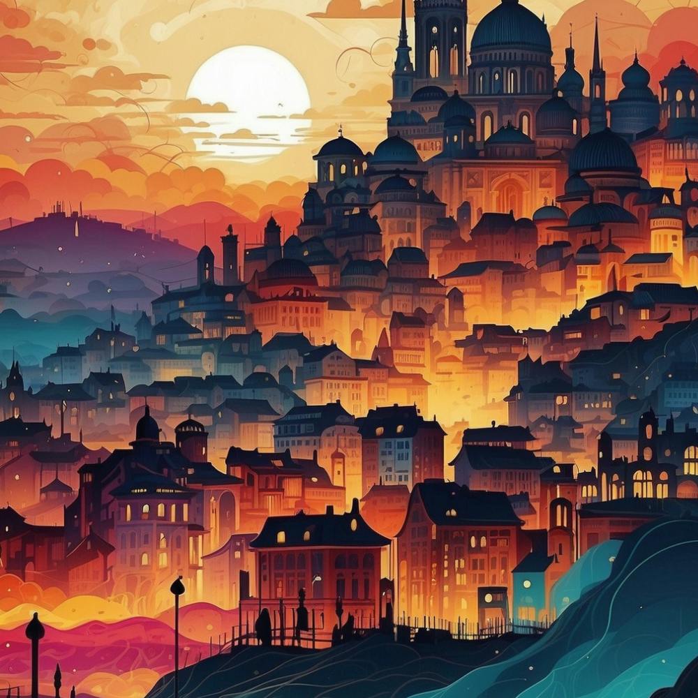 Stadtlandschaft bei Sonnenuntergang