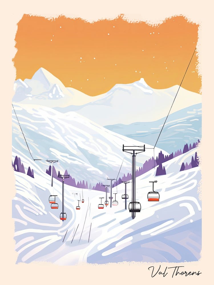 Poster Of Val Thorens   France, Ski Resort Pastel Colours Illustration 1