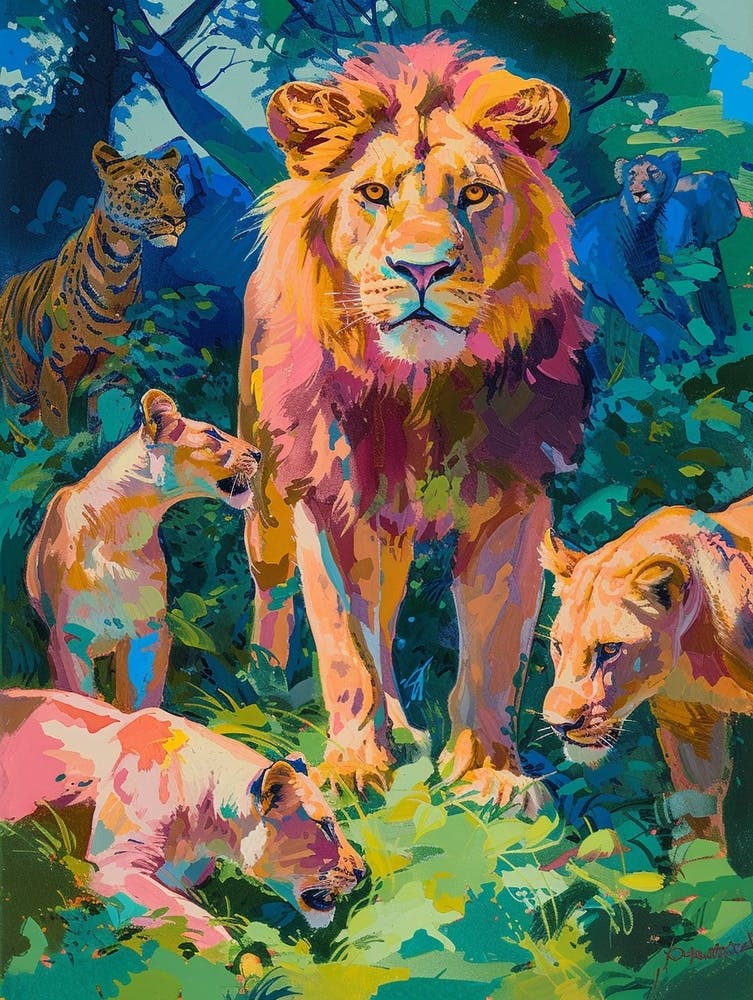 Asiatic Lion Interaction With Other Wildlife Fauvist Painting 4
