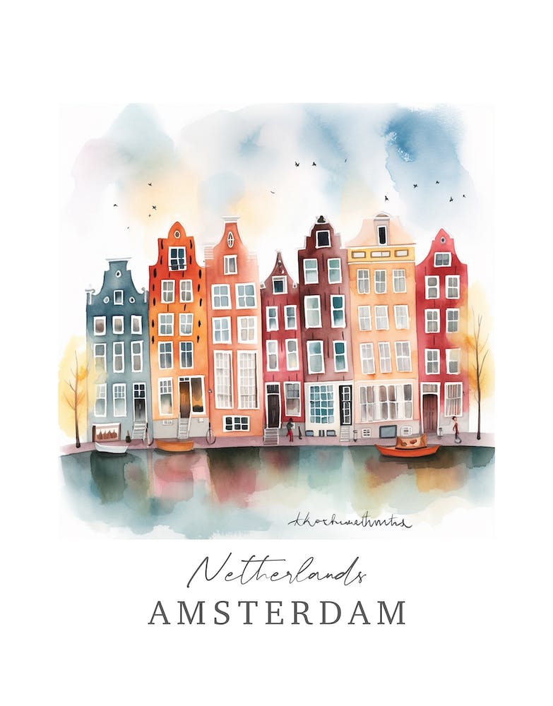 Netherlands, Amsterdam Storybook 1 Travel Poster Watercolour