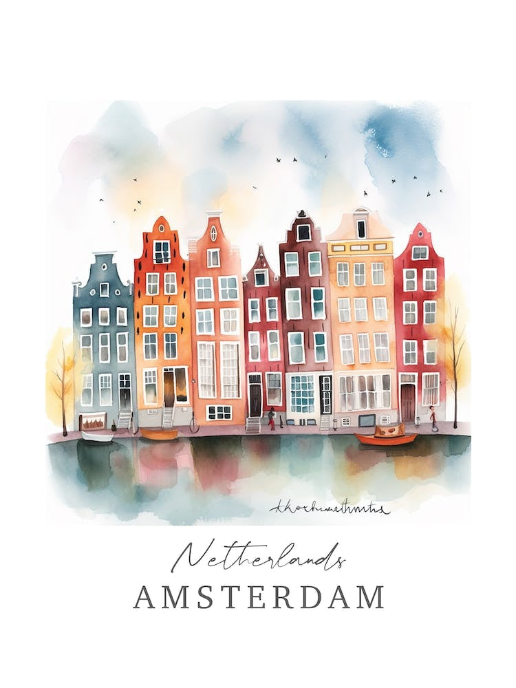 Netherlands, Amsterdam Storybook 1 Travel Poster Watercolour