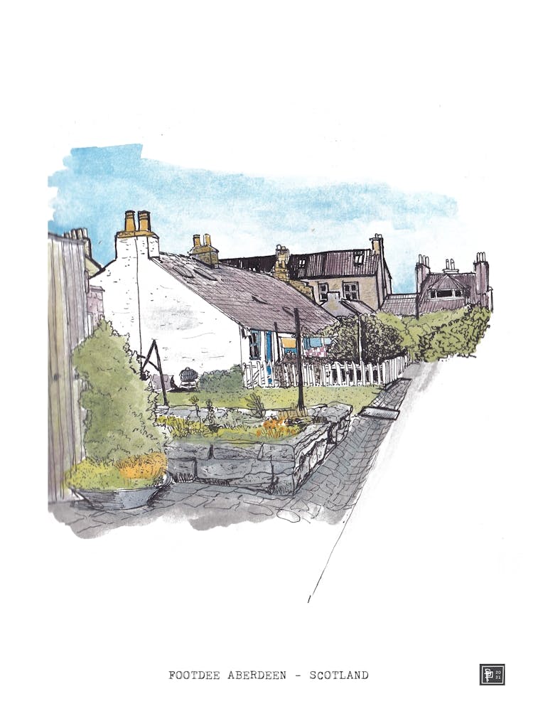 Aberdeen Scotland - Footdee Village Watercolor Illustration - Scotland Cityscape Wall Art & Gifts