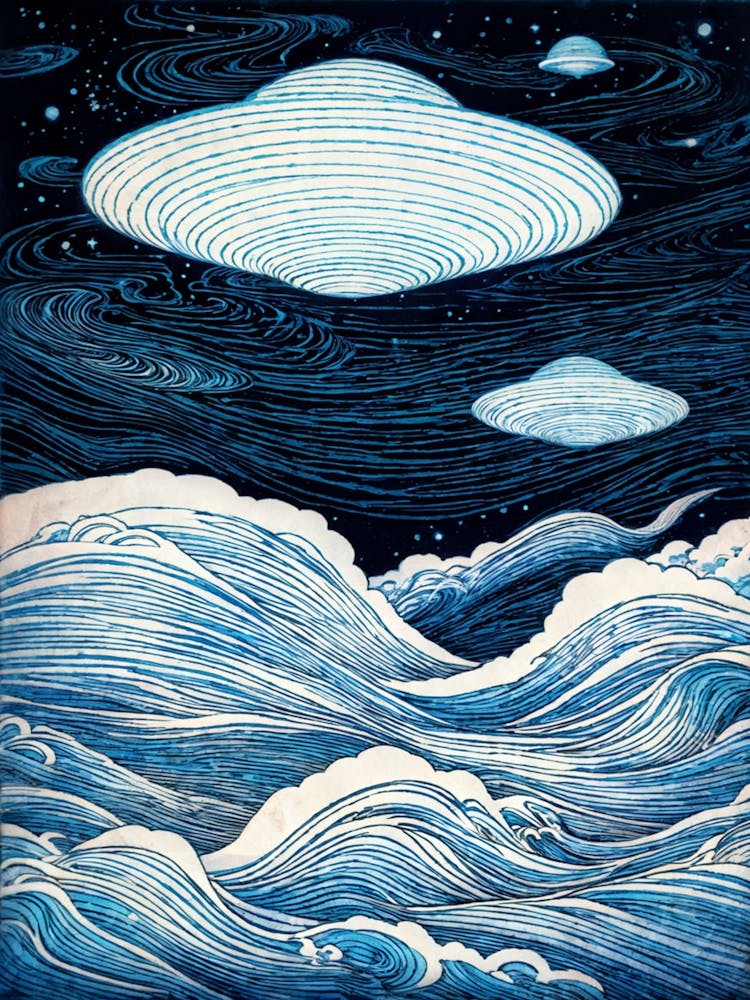 Floating Ufos Glide Above Undulating Dreamlike Waves Hand Drawn Surreal Fantasy Cosmic Voyage Them