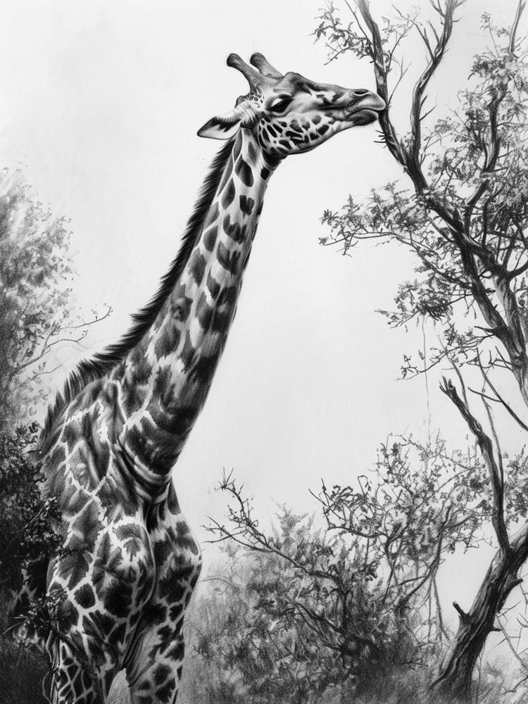 Giraffe With Head In The Branches Pencil Drawing 8
