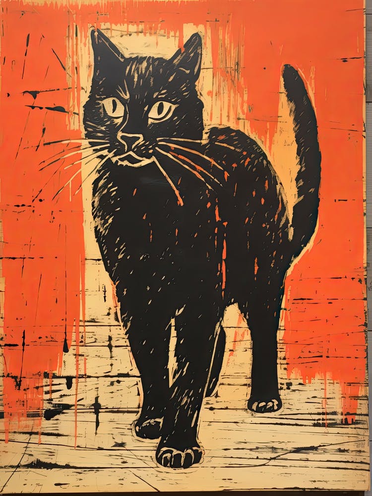 Black Cat, Woodblock Animal  Drawing 5