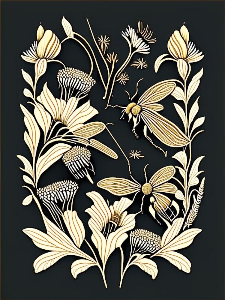 Forager Bees Black William Morris Style