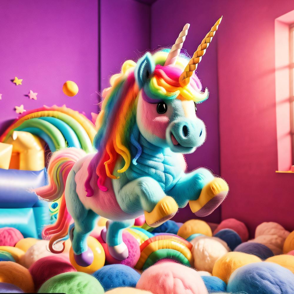 Süßes Regenbogen-Bicorn in einem Raum voller Garnknäuel.