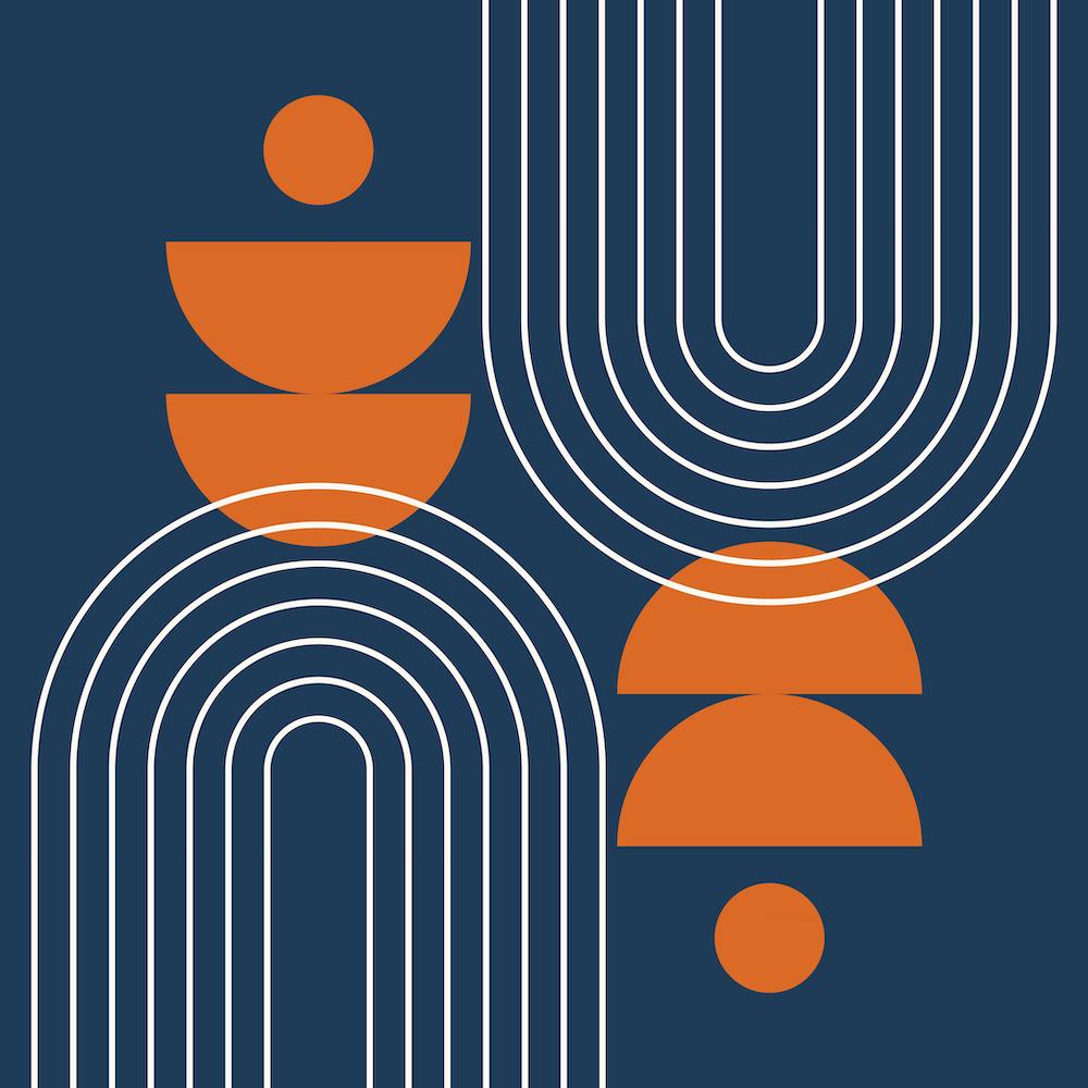 Mid Century Modern Geometric Abstract Rainbow Sun Moon Phases in Navy Blue Burnt Orange 1