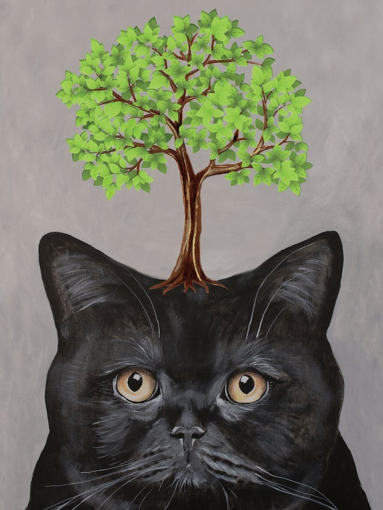 Schwarze Katze mit Baum
