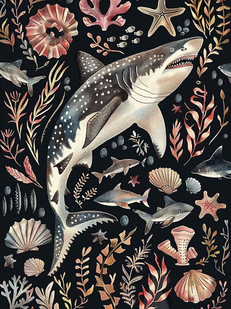 Largetooth Cookiecutter Shark Seascape Black Background Illustration 4