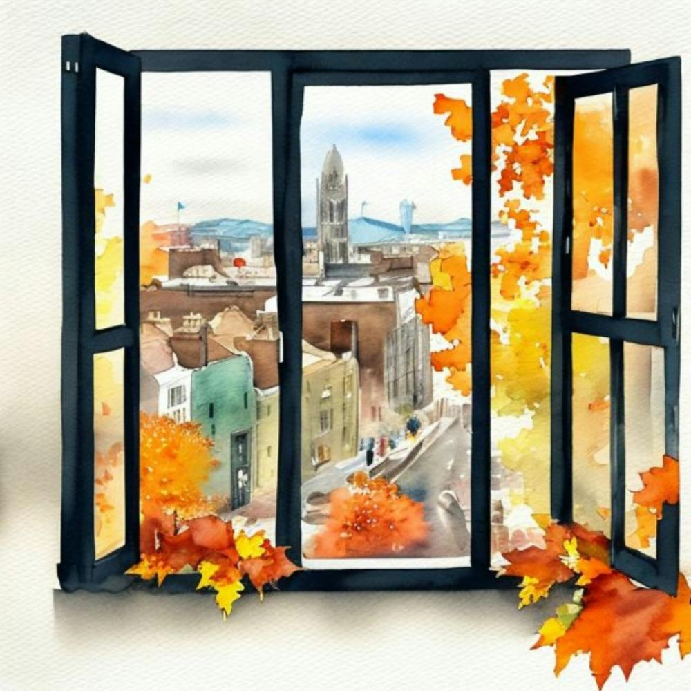 Open Window With Autumn Leaves Window View Of Dublin Ireland In Autumn Fall, Watercolor 4