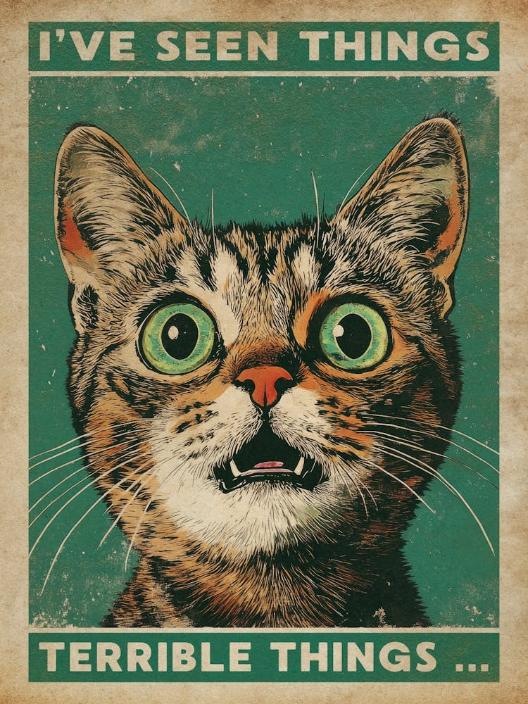 I’ve Seen Things – Lustiger Retro-Katzen-Badezimmerdruck für Badezimmer-Wanddekoration, Vintage-Badezimmer-Wandkunst mit Katzen-Badezimmerhumor für Katzenliebhaber, Retro-Katzen-Humordruck perfekt für das Gästebadezimmer
