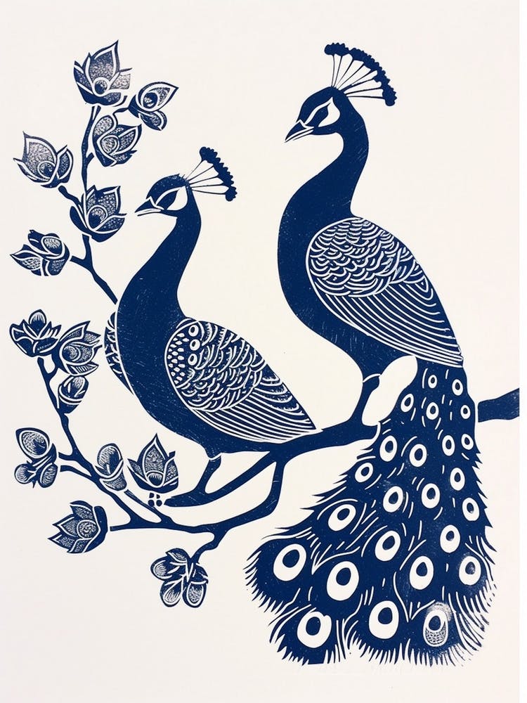 Two Peacocks In A Tree Linocut Inspired