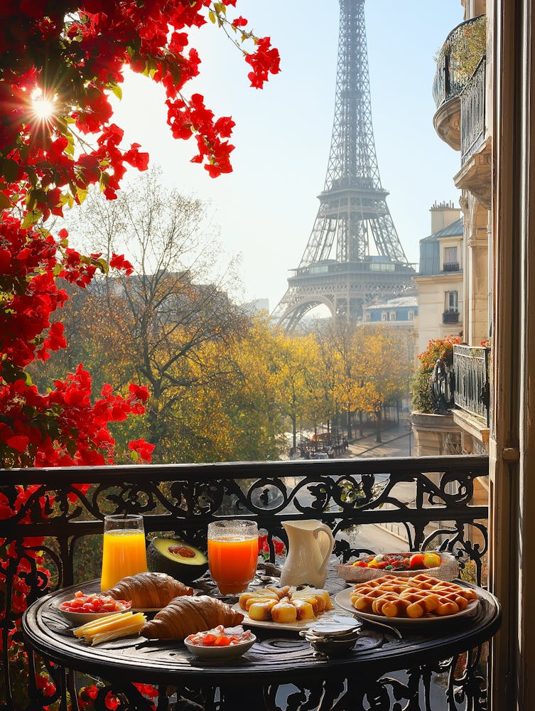 A Cozy Parisian Balcony Adorned With Ornate Wrought Iron Railings And Vibrant Red Flowers