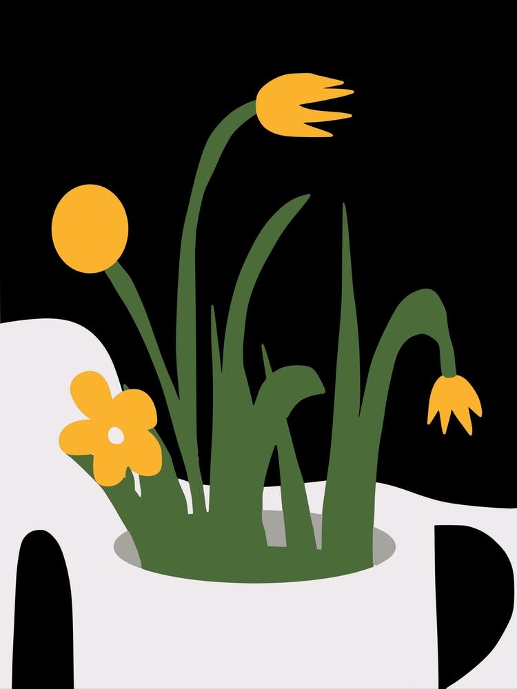Abstract Sculpture And Yellow Flowers