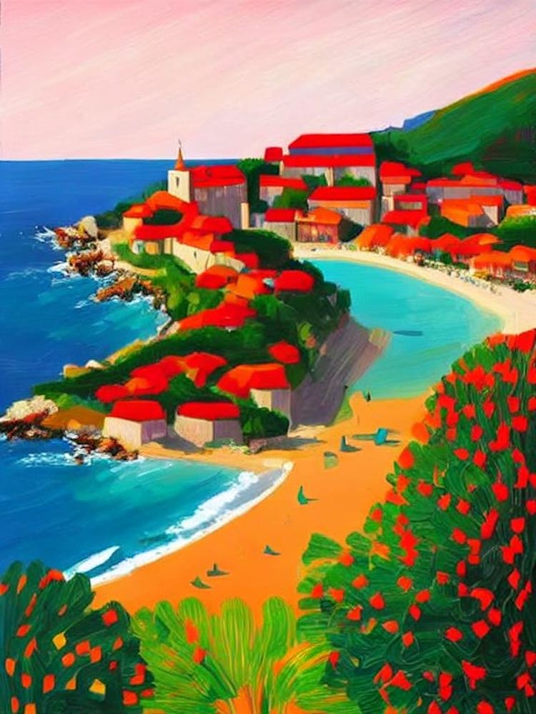 Sveti Stefan Beach, Montenegro Hockney Style