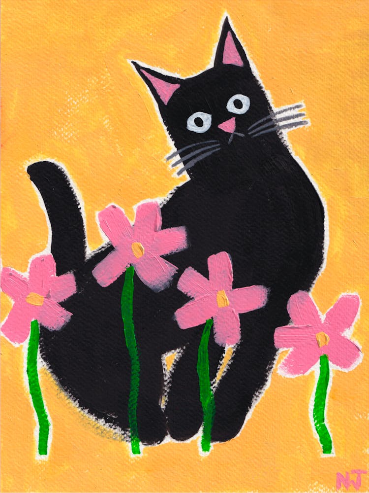 Flower Cat Original Painting Animal Art Poster Kids Room Wall Art Scandi Style Trendy Aesthetic Animal Wall Art Kitchen Poster Living Room Painting