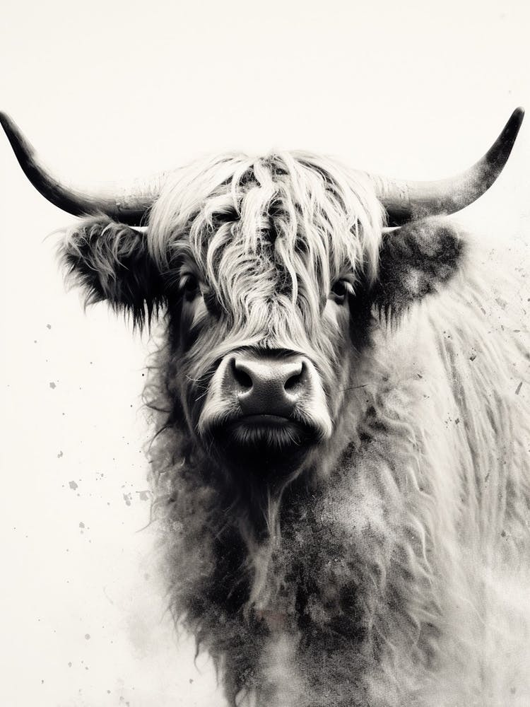 Black & White Ink Painting Of Highland Cow 6