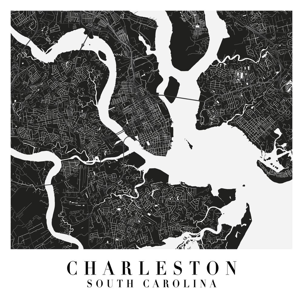 Charleston South Carolina Minimal Black Mono Street Map  Square