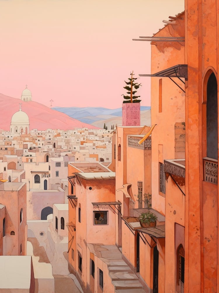 Agadir Morocco 4 Vintage Pink Travel Illustration