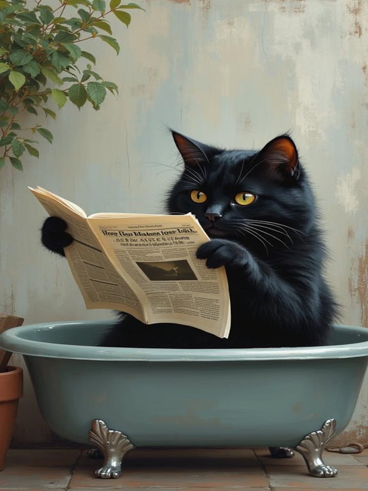 Black Cat Reading Newspaper In Bathtub