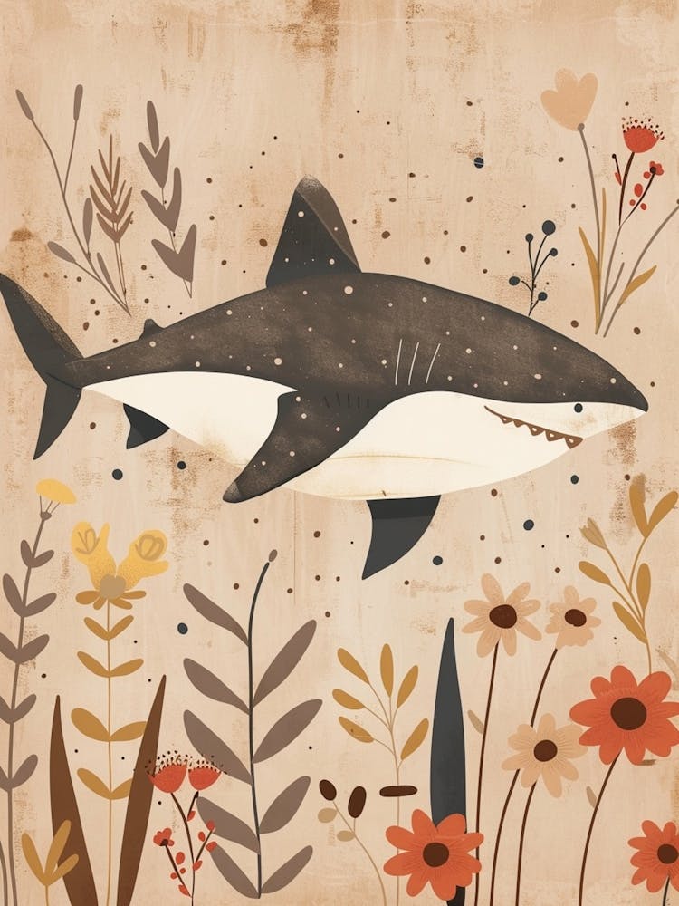 Muted Pastel Cute Shark With Flowers Illustration 4