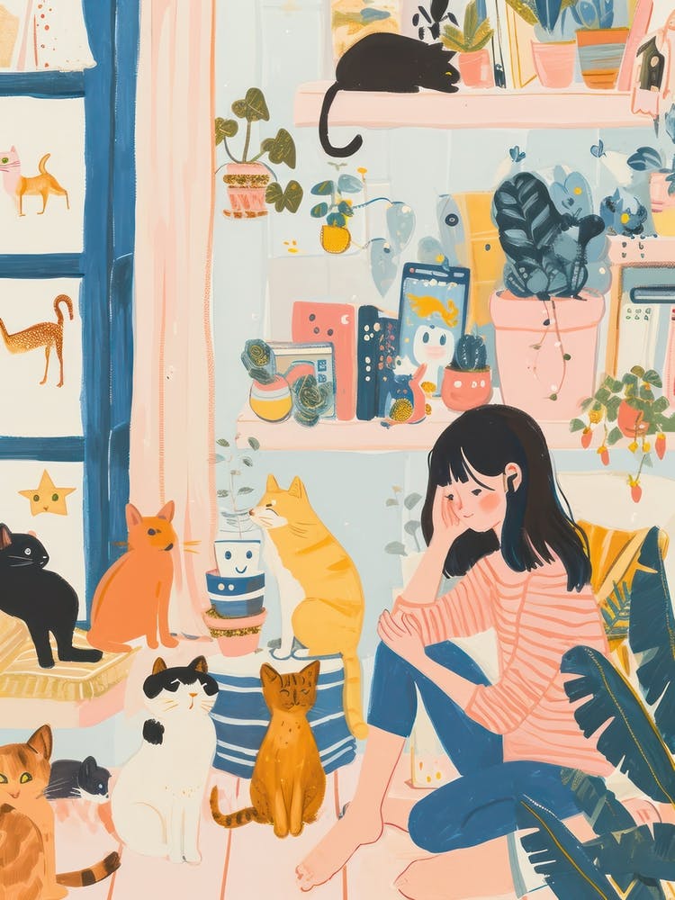 Girl Cat Lover Lo Fi Kawaii Illustration 6