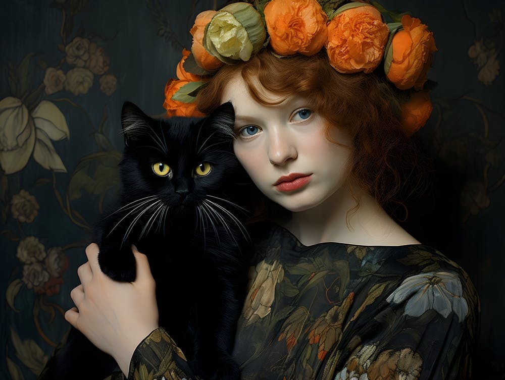 Contemporary Floral Cat And Woman 1