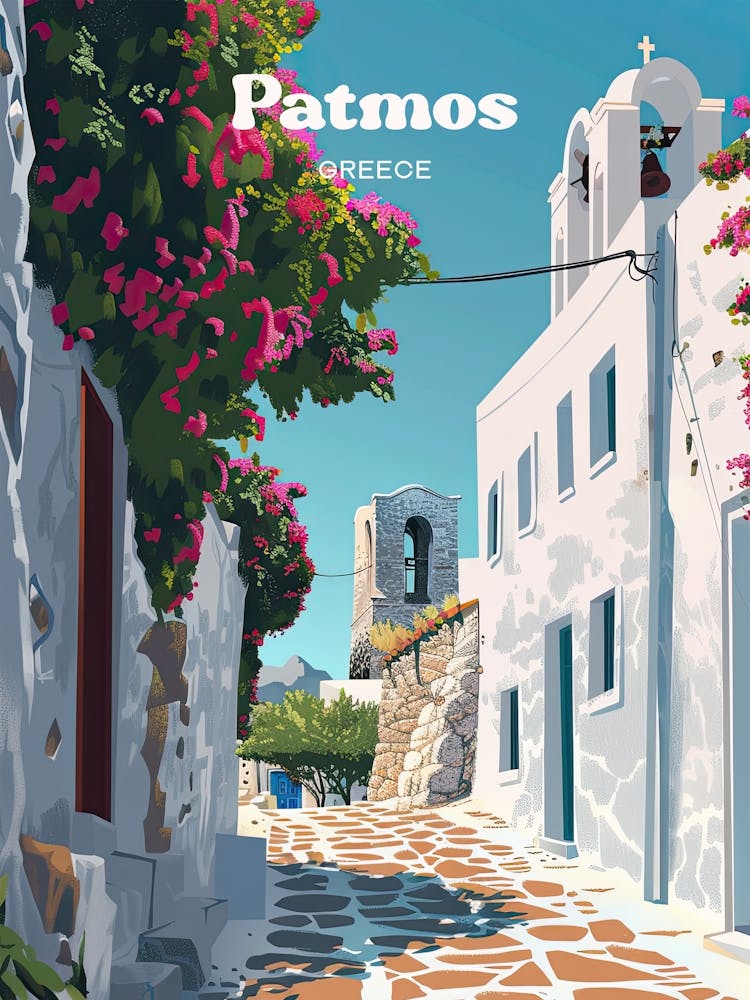 Patmos Greece Street Travel Art Illustration