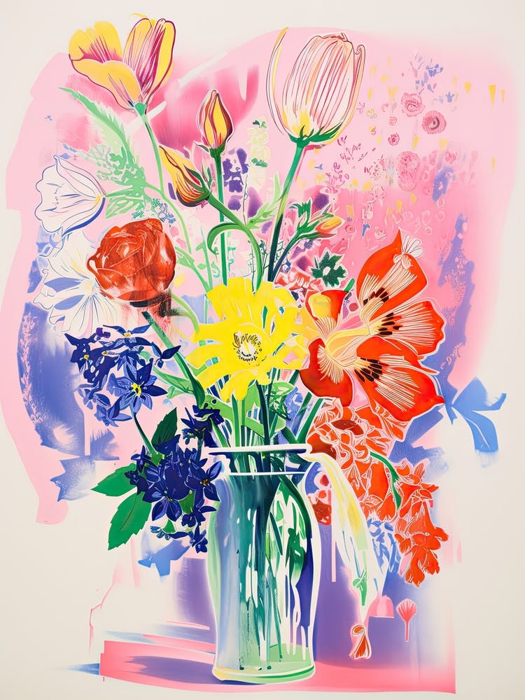 Colourful Bouquet Of Flowers In Risograph Style 1
