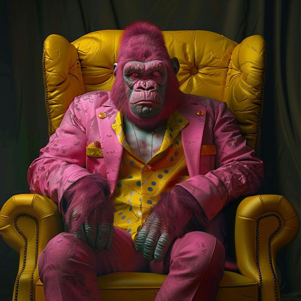 A Pink Clown Gorilla, Sitting In Big Yellow Chair, In The Style Of Zbrush, Yellow And Pink, , Daz3d, Dark White And Pink, Tiago Hoisel, Full Body , Looking In To The Camera, Zoom Out