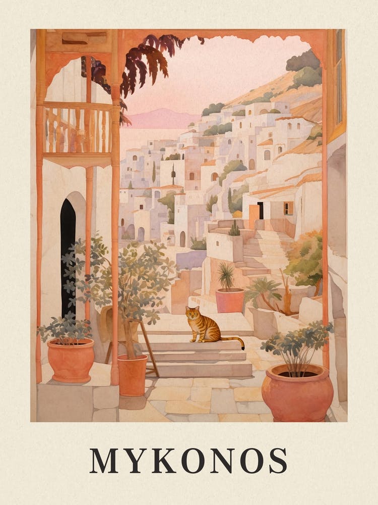 Mykonos Griechenland 4 Vintage Rosa Reiseillustrationsposter