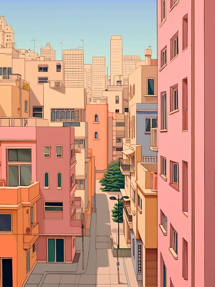 Tel Aviv Israel 3 Vintage Pink Travel Illustration