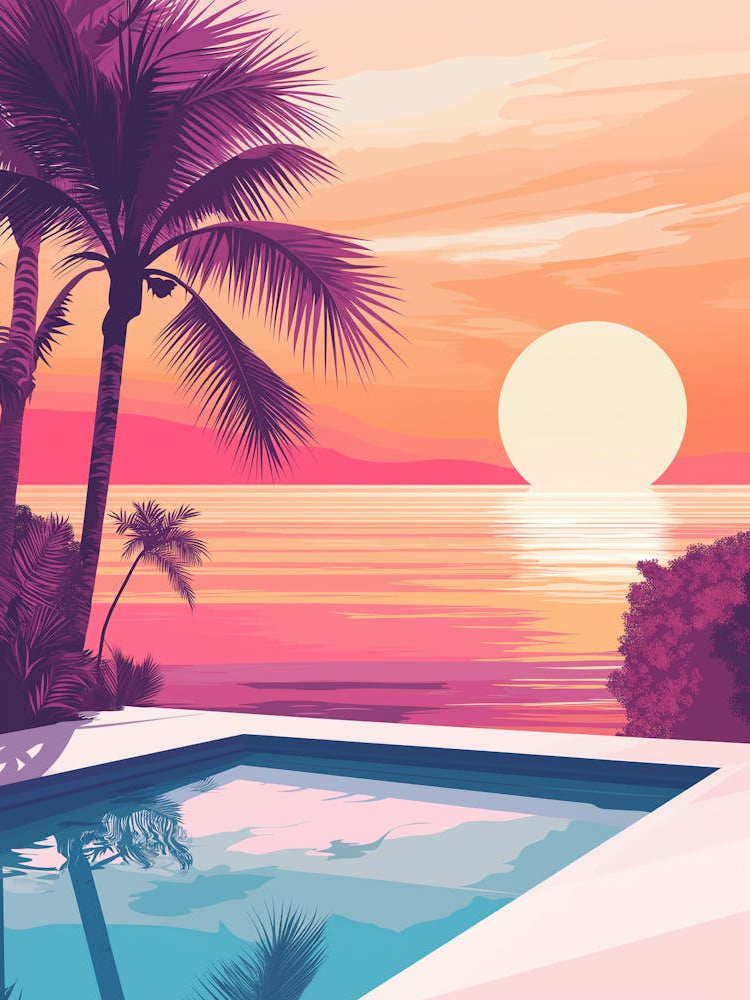 Pool With Palm Trees And The Ocean In The Background