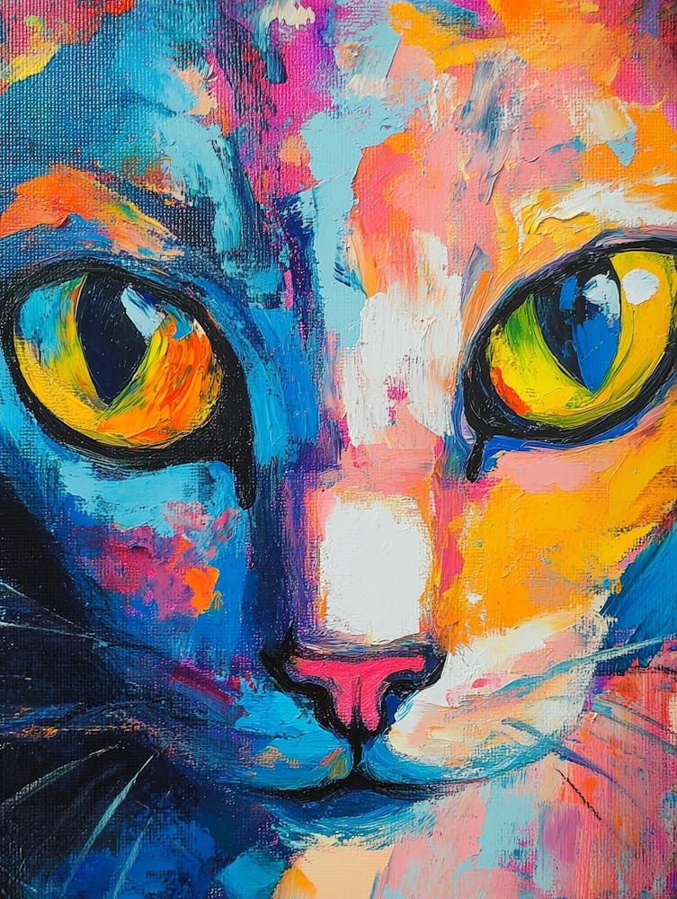 Oil Cat Portrait Painting In Multicolored Tones 1